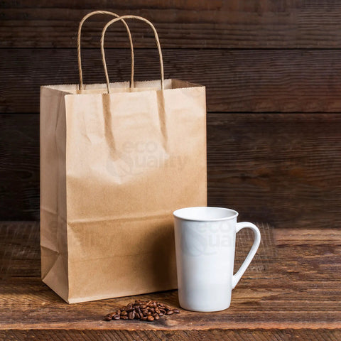 Super Handy Small Brown Kraft Paper Bags With Handles In A Bulk 500 Pack Made From Recycled Eco Friendly Material 8x4.5x10.25 with mug