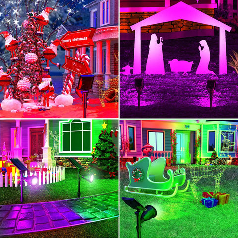 Solar Spot Lights Outdoor 2 Pack with 7 Color Modes Dope Waterproof Landscape Lights 600LM illuminating Christmas scenes