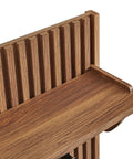 Mid Century Modern Fluted Walnut Wall Mount Coat Rack Panel With Roomy Shelf And Hella Sturdy Hooks For Entryway Hallway Mudroom showing detailed wood grain and fluted design.