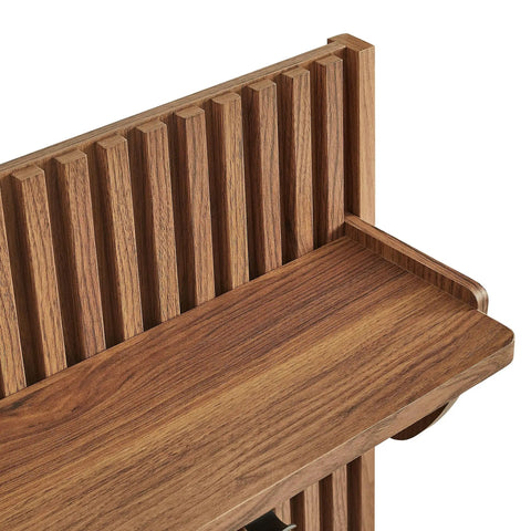Mid Century Modern Fluted Walnut Wall Mount Coat Rack Panel With Roomy Shelf And Hella Sturdy Hooks For Entryway Hallway Mudroom showing detailed wood grain and fluted design.