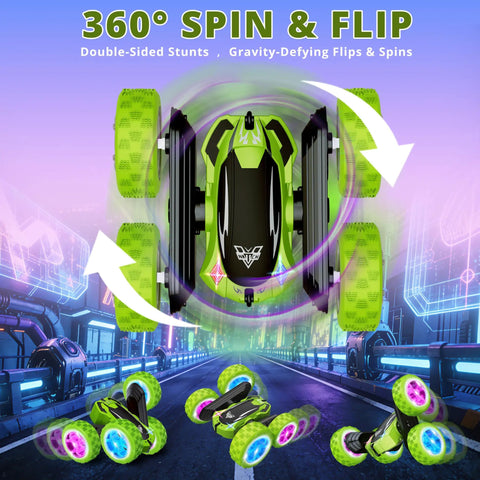 2.4GHz Off Road RC Car With Dual Sided 360 Degree Roll, Four Wheel Drive, High Speed Stunt Racer, LED Headlights, Green Color
