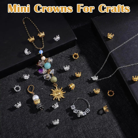 60 Pcs Mini Crown Charms For Crafts 3D Hollow Queen Crown Beads for Jewelry Making in gold and silver with jewelry display