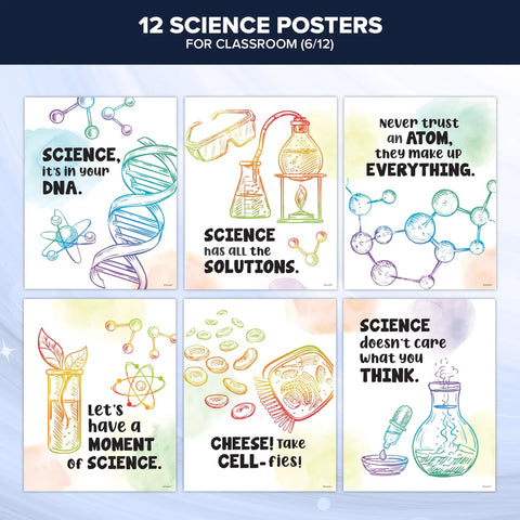 Fun 12 Chemistry Apparatus Science Posters For Classroom Kids 11x14 Matte Laminated Educational Wall Decor displaying chemical diagrams and motivational quotes for science learning.