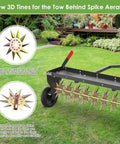 Tow Behind Spike Aerator 40 Inch Heavy Duty Rolling Lawn Aerator With 3D Star Tines and Weight Tray on grass