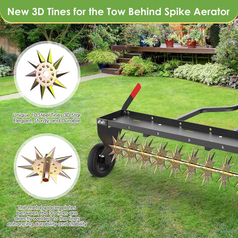 Tow Behind Spike Aerator 40 Inch Heavy Duty Rolling Lawn Aerator With 3D Star Tines and Weight Tray on grass