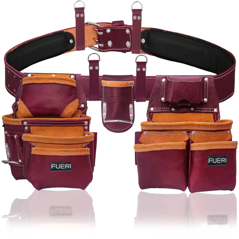 Leather Tool Belt For Men Heavy Duty Work Belt With 19 Pockets And 2 Pouches Double Hammer Holder Foam Padded Belt With Suspender Loops