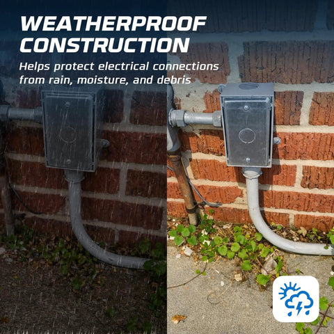 Weatherproof Outdoor Electrical Junction Box Kit, Die-Cast 1-Gang Box with Four 1/2-Inch Knockouts installed outdoors