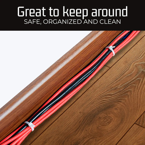 Cables secured on wooden floor with 1000 Piece Zip Tie Set For Every Project, 12 Inch Beefy Heavy Duty Self Locking Nylon Cable Ties