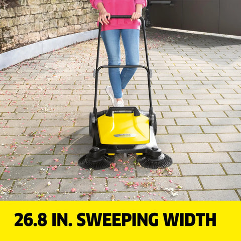 Person using Walk Behind Outdoor Push Sweeper S 4 Twin for Workshops and Garages Cleans Up to 5 Times Faster Than a Broom