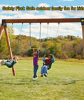 Children playing on A-Frame Swing Set Brackets Kit With Four Beefy Swing Hangers And Heavy Duty Mounting Hardware For Porch Yard And Playground Black Made From Powder Coated Steel For Maximum Durability And Rust Resistance installed outdoors.