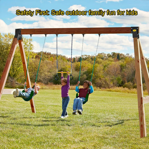 Children playing on A-Frame Swing Set Brackets Kit With Four Beefy Swing Hangers And Heavy Duty Mounting Hardware For Porch Yard And Playground Black Made From Powder Coated Steel For Maximum Durability And Rust Resistance installed outdoors.