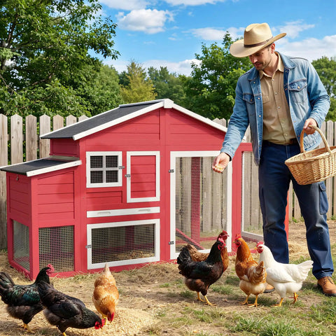 Man feeding chickens in front of Backyard Chicken Coop For 4 To 6 Hens, 84.7 Inch Long Outdoor Hen House With Nesting Box, red