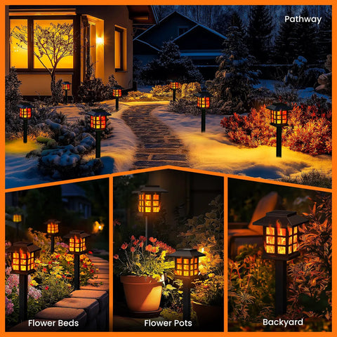 Outdoor Solar Torch Lights 10 Pack With Dope Flickering Flame illuminating garden path and flower beds at night