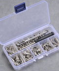 Kicking Dope Badass Silver Zinc Alloy Spikes And Mixed Shape Studded Screwback Rivets 70 Piece Set in clear storage case