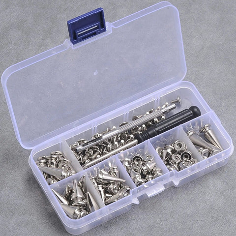 Kicking Dope Badass Silver Zinc Alloy Spikes And Mixed Shape Studded Screwback Rivets 70 Piece Set in clear storage case