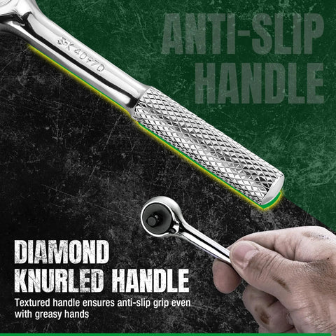 Professional One Quarter Inch Drive Reversible Ratchet Built Tough With Heat Treated Chrome Vanadium, anti-slip knurled handle