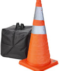 Collapsible 28 Inch Traffic Cones Five Pack With Built In Blink Lights Orange Waterproof Nylon Reflective Silver Tops MUTCD Compliant Roadside Safety Gear In Black Canvas Bag Ideal For Emergency Responders And Motorists