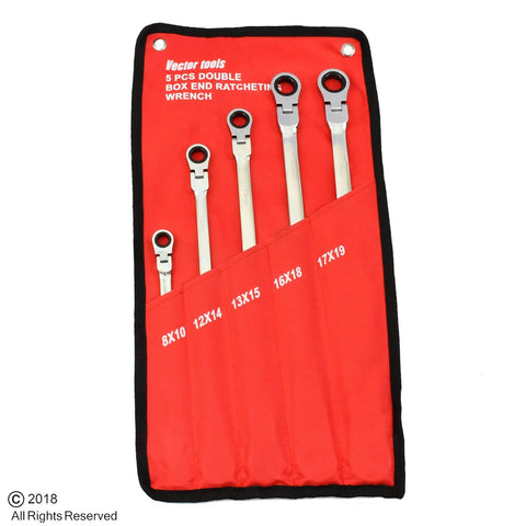 5 Piece Flex Head Double Box End Ratcheting Wrench Set CrV XL Design For Tight Spaces With Universal Spline Drive Compatible With 12 Point 6 Point Rounded 6 Point Spline ETorx And Square Fasteners Mirror Polished Chrome Vanadium Finish in red case