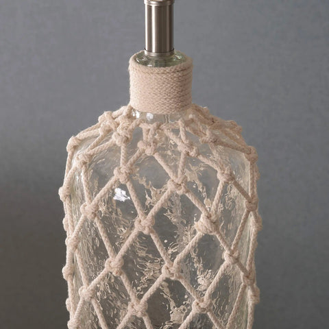 Close-up of Captain Table Lamp with clear textured glass and rope wrap finish, showcasing the nautical rope detail.