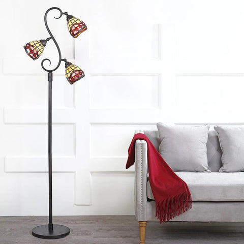 Bronze 70.5-Inch Tiffany-Style 3-Light LED Floor Lamp With Stained Glass Shade Handcrafted Iron Tree Design Multi-Color Glass