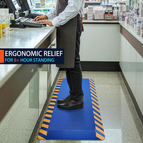 Top Shelf Anti Fatigue Standing Floor Mat Engineered From Dense Memory Foam For Shops And Home Desks Delivering Heavy Duty Comfort To Ease Persistent Leg And Back Soreness During Every Grueling Shift In Navy With Yellow Trim