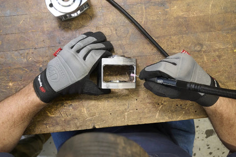 Person using Air Pencil Grinder Kit With One Eighth Inch Collet 60,000 RPM Inline Rear Exhaust for precise metal shaping