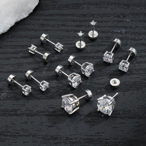 Six Pairs Dainty Stud Earrings Set With Flat Back Posts In 2mm 3mm 4mm 5mm 6mm And 8mm Sizes 14K Gold Plated For Women And Girls Everyday Sparkle Mix And Match, silver CZ studs laid out