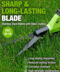 Close-up of Ultra Sharp 15 Inch Grass Shears With 360 Degree Swivel Blades cutting grass, emphasizing long-lasting sharpness.