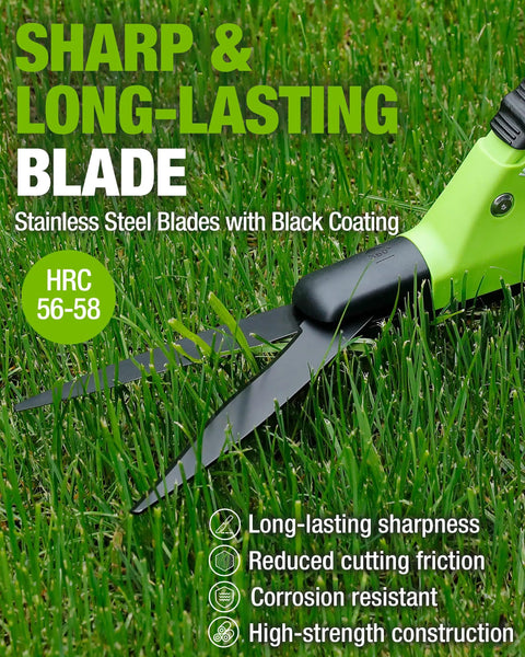 Close-up of Ultra Sharp 15 Inch Grass Shears With 360 Degree Swivel Blades cutting grass, emphasizing long-lasting sharpness.
