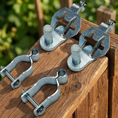 Heavy Duty T Post Gate Hinge Assembly Kit With Galvanized Steel Pins And Female Brackets For Chain Link Fences Quick No Sweat Install Perfect For Farms And Backyards Bully Proof Set on a wooden surface.