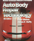 Cover of Auto Body Repair Technology 5th Edition with red car image and white stripes, student technician's manual.