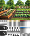 Upgraded 2026 360 Degree Adjustable Drip Irrigation Kit with bendable tubing in garden with raised beds and vegetables.