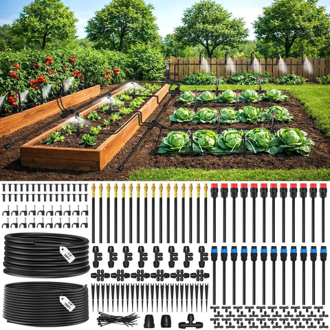 Upgraded 2026 360 Degree Adjustable Drip Irrigation Kit with bendable tubing in garden with raised beds and vegetables.