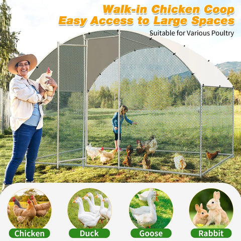 Large Walk In Chicken Coop With Waterproof Round Arch Cover And Anti UV Shield, Heavy Duty Galvanized Mesh Poultry Cage visible