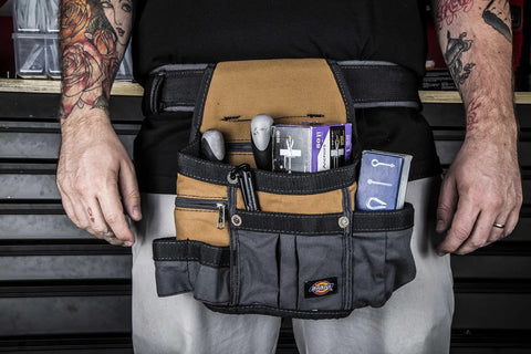 8 Pocket Padded Tool Belt And Utility Pouch With Adjustable 3 Inch Belt Tough As Nails Canvas Build In Tan And Grey Roomy Main Compartment