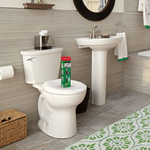 Heavy Duty Brass Shank Universal Toilet Fill Valve With Smooth Water Adjustment Dial And Preinstalled Washer For Real Quick Zero Hassle Swap Job In Matte Black Finish displayed on white toilet in bathroom.