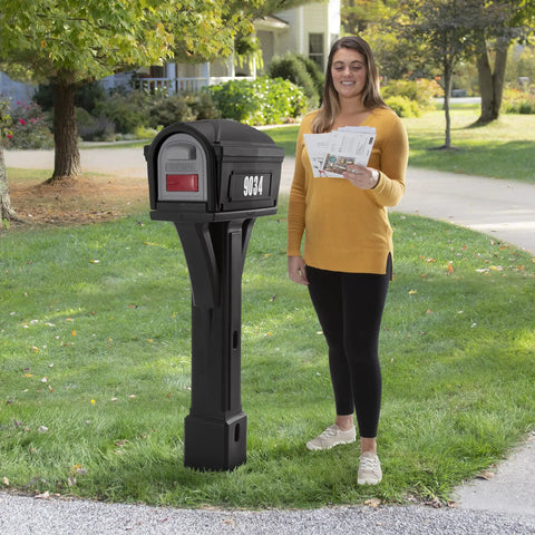 Top Grade Classic Black Plastic Residential Mailbox With Standalone Yard Post Mount Combo Kit providing secure retrieval and bulky gear storage.