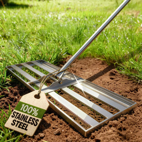 Pro Grade Stainless Lawn Leveling Rake 30 Inch Heavy Duty Ground Leveler on grass with 100% stainless steel tag