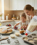 Two Pack Pancake Batter Dispenser Bottles, 1000ml Capacity, pouring batter in muffin tray with woman and child in kitchen