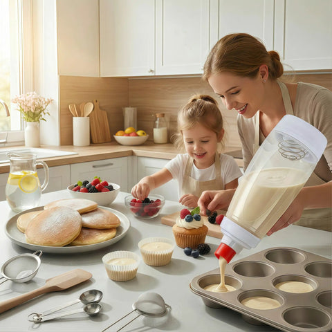 Two Pack Pancake Batter Dispenser Bottles, 1000ml Capacity, pouring batter in muffin tray with woman and child in kitchen