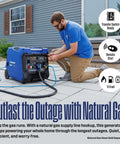 Man connecting Tri Fuel Portable Inverter Generator With Remote Start And Transfer Switch Ready to house for natural gas power