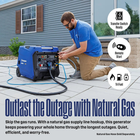 Man connecting Tri Fuel Portable Inverter Generator With Remote Start And Transfer Switch Ready to house for natural gas power