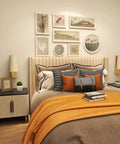 Stylish bedroom with Set Of 2 Battery Powered Fabric Shade Wall Lights With Remote, Wireless Sconce Lamps next to bed in farmhouse gold finish.