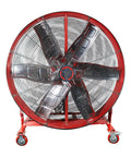 Heavy Duty Industrial Drum Fan Built Different For Maximum Airflow With 1.5 Horsepower Motor And 59 Inch Shrouded Blades front view on wheels.
