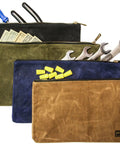 Waxed Canvas Zipper Pouch Set, Heavy Duty Tool Organizer Bags, 12.5 By 7 Inches, 4 Pack In Tan Olive Navy Black with tools inside