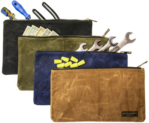 Waxed Canvas Zipper Pouch Set, Heavy Duty Tool Organizer Bags, 12.5 By 7 Inches, 4 Pack In Tan Olive Navy Black with tools inside