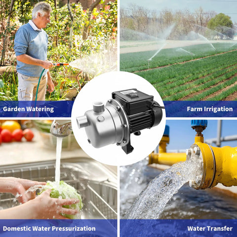 Half Horsepower Shallow Well Pump With 1200 GPH Flow, Stainless Steel Garden Jet Pump demonstrating various uses