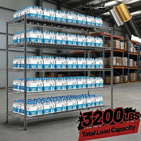 Heavy Duty Five Tier Garage Storage Shelving Unit Featuring An Adjustable Metal Wire Build With Rock Solid Craftsmanship Designed As A Versatile Workhorse For Basement Pantry Or Warehouse Organization Handling Massive Loads With Zero Fuss, displaying bottles on each tier.