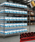 Beefy Five Tier Heavy Duty Adjustable Wire Shelving Rack With Three Thousand Two Hundred Lbs Max Capacity For Garage Organization Kitchen Pantry And Stacking Storage Built Tight To Handle Your Heaviest Gear Measures Fifty Nine By Eighteen By Seventy One, filled with bottles.