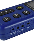 Pro Grade Decibel Meter With 30 To 130 dBA Sound Level Range showing buttons and ports, blue handheld reader.